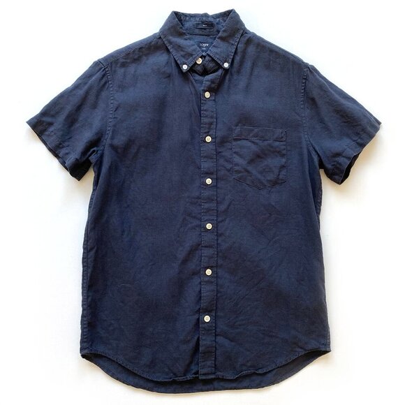 J.Crew Mens Slim Fit 100% Linen Camp Shirt SIze S Navy Short Sleeve Button-Down - Picture 3 of 10